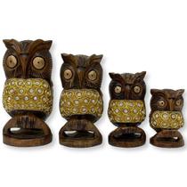 Familia 4 Corujas Madeira detalhe em Briho Decoração Indiana