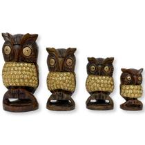 Familia 4 Corujas Madeira detalhe em Briho Decoração Indiana