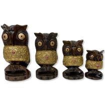 Familia 4 Corujas Madeira detalhe em Briho Decoração Indiana