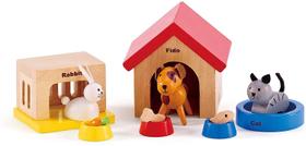 Família Pets Madeira Dollhouse Animal Set by Hape Complete sua casa de bonecas de madeira com happy dog, gato, bunny pet set com casas de cortesia e tigelas de comida