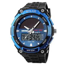 Fanmis Relógio de pulso masculino de quartzo com energia solar, analógico, digital, multifuncional, preto, relógio espor