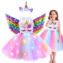Fantasia 3Pçs Unicórnio Infantil Vestido Tule Tiara Led Asas