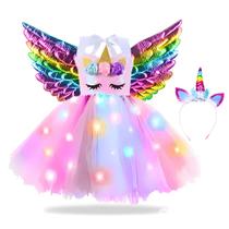 Fantasia 3Pçs Unicórnio Infantil Vestido Tule Tiara Led Asas