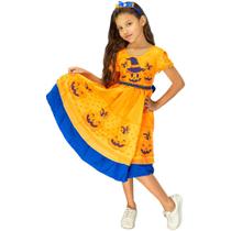 Fantasia Abóbora Infantil Feminino Vestido Halloween c/Tiara