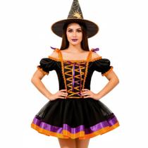Fantasia Adulta Feminina de Bruxa Vestido de Halloween Com Corselet Ajustável e Saia Volumosa Afina a Cintura