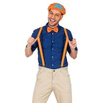Fantasia Adulta Masculina Kit Completo Blippi Com Boina Suspensório Gravata e Óculos