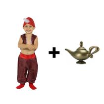 Fantasia Aladdin Infantil Masculino Completa com Lâmpada Mágica do Gênio Príncipe Carnaval Festa Árabe Sheik