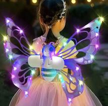Fantasia Asas Fada Borboleta Eletrônica C/ Led Movimento Som Rosa Criança