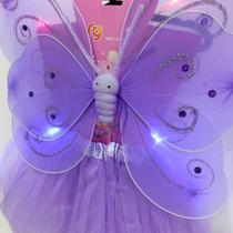 Fantasia Borboleta Infantil Roxa com Asas de Luz, Saia Tule, Tiara e Varinha