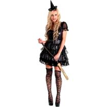 Fantasia Bruxa Black Adulto Hallowen Com Chapéu
