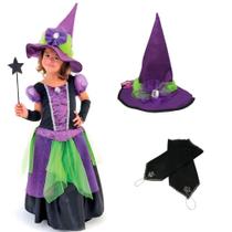 Fantasia Bruxa Feiticeira Infantil de Halloween Com Luva e Chapéu