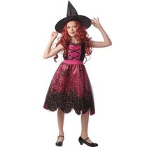 Fantasia Bruxa Halloween Infantil Vestido de Luxo Com Chapéu P 3 - 6 Fantasia Bruxa Halloween Infantil Vestido de Luxo Com Chapéu P 3 - 6