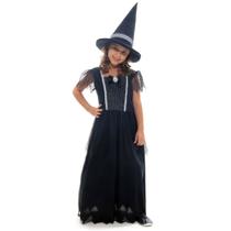 Fantasia Bruxa Preta Luxo Vestido Longo Infantil com Chapéu - Halloween Fantasia Bruxa Preta Luxo Vestido Longo Infantil com Chapéu - Halloween