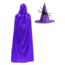 Fantasia Bruxa Roxa Capa C/capuz Chapéu Halloween Carnaval