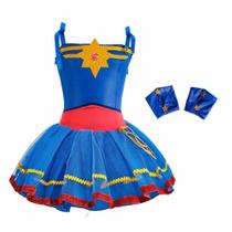 Fantasia Capitã Marvel Super Heroína Infantil Vestido e Bracelete