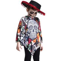 Fantasia Caveira Mexicana Infantil de Halloween Poncho Fantasia Caveira Mexicana Infantil de Halloween Poncho