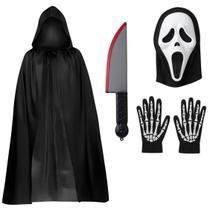 Fantasia Completa Pânico Capa de Esqueleto Máscara Foice Luva Halloween