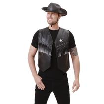 Fantasia Cowboy Preto Adulto Kit Junino com Colete e Chapéu Fantasia Cowboy Preto Adulto Kit Junino com Colete e Chapéu