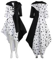 Fantasia Cruella Devil, vestido de cosplay feminino, de Halloween com peruca Fantasia Cruella Devil, vestido de cosplay feminino, de Halloween com peruca