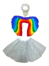 Fantasia de Anjo Colorido Anjinha Arco Iris Carnaval com Saia Tiara e Asa