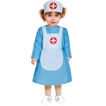 Fantasia de Bebê pra Menina Roupa de Enfermeira Classica com Touca Vestido Azul Claro Avental e Touca Branca Com Cruz Vermelha