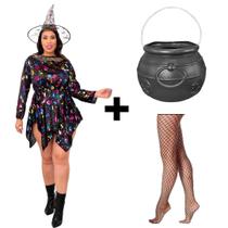 Fantasia De Bruxa Completa Com Chapéu Caldeirão Meia Arrastao Vestido Bruxinha Adulto Brilho Festa Halloween Fantasia De Bruxa Completa Com Chapéu Caldeirão Meia Arrastao Vestido Bruxinha Adulto Brilho Festa Halloween