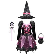 Fantasia de Bruxa Infantil para Halloween - 4 Peças (Vestido, Chapéu, Varinha e Bolsa)
