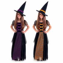 Fantasia de Bruxa Infantil Vestido Longo c/ Chapéu Halloween Fantasia de Bruxa Infantil Vestido Longo c/ Chapéu Halloween