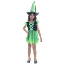Fantasia de Bruxa para Halloween Infantil Verde com Chapéu Vestido Halloween Bruxinha Sulamericana 910347
