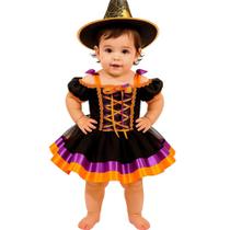 Fantasia de Bruxinha Bebê Menina Roupa Halloween Luxo com Vestido Saia Rodada Bruxa Feiticeira Fantasia de Bruxinha Bebê Menina Roupa Halloween Luxo com Vestido Saia Rodada Bruxa Feiticeira