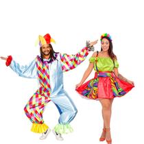 Fantasia de Casal Palhacinhos Vestido Palhaça e Macacão Palhaço Longo Adulto Festa Circo Halloween Carnaval Cosplay - Fest Island