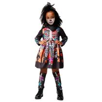 Fantasia de Caveira Mexicana Menina Com Acessórios Fantasia de Caveira Mexicana Menina Com Acessórios