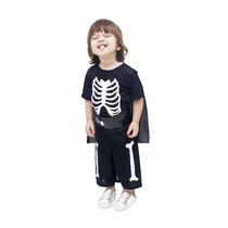 Fantasia de Caveirinha Esqueleto Macacão Curto Cinto e Capa - Caveirinha Esqueleto Infantil Menino
