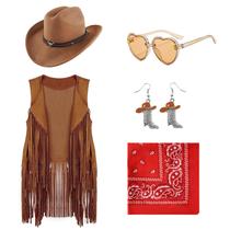 Fantasia de cowgirl Dwieey, 6 peças, colete, chapéu, brinco e óculos