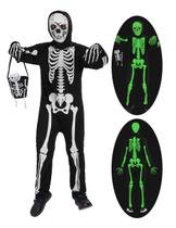 Fantasia de esqueleto de Halloween qqpouc para crianças com efeito de brilho