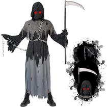 Fantasia de Halloween Grim Reaper com olhos vermelhos brilhantes para crianças, cinza