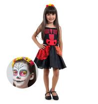 Fantasia de Halloween Infantil Caveira Mexicana Com Maquiagem Fantasia de Halloween Infantil Caveira Mexicana Com Maquiagem