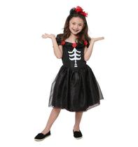 Fantasia de Halloween Infantil Esqueleto Skull Rose Com Tiara Florida
