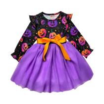 Fantasia De Halloween Para Meninas Com Padrão De Abóbora E Fantasma, Vestido De Malha De Manga Longa