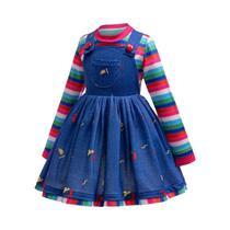 Fantasia De Halloween Para Meninas, Vestido De Denim Azul Com Camisa Listrada Arco-Íris, Conjunto De Fantasia De Halloween Para Meninas, Vestido De Denim Azul Com Camisa Listrada Arco-Íris, Conjunto De