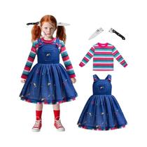 Fantasia De Halloween Para Meninas, Vestido De Denim Azul Com Camisa Listrada Arco-Íris, Conjunto De