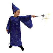 Fantasia de Mago Merlin Azul Infantil com Túnica e Chapéu