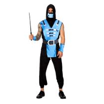 Fantasia de Ninja Adulto Azul Roupa Samurai Masculina Completa