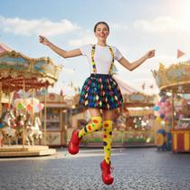 Fantasia De Palhaça 3 Pçs - Saia 40 Cm Suspensório e Meias Circo Festas