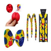 Fantasia De Palhaço Unissex C/ Suspensório Gravata Borboleta E Nariz De Espuma - 3 Pçs Adereço Acessório Circo Festas