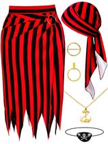 Fantasia de pirata DTOFOOT, 6 peças, saia pirata feminina, pirata, design aberto, vestido, lenço de cabeça, chapéu, tapa-olho, colar de esqueleto, brincos, acessórios para Halloween, homens e mulheres, dramatização vermelha Fantasia de pirata DTOFOOT, 6 peças, saia pirata feminina, pirata, design aberto, vestido, lenço de cabeça, chapéu, tapa-olho, colar de esqueleto, brincos, acessórios para Halloween, homens e mulheres, dramatização vermelha
