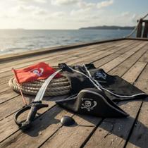 Fantasia De Pirata Infantil Kit Divertido C/ 6 Pçs Chapéu Gancho Espada Bandeira Tapa olho E Colete