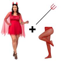 Fantasia Diabinha Adulto Completa Tiara Com Chifre Tridente Vestido Diaba Capetinha Halloween Dia das Bruxas Terror - Fantasias do Ó