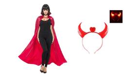 Fantasia diabinha capa e tiara chifre led vermelha adulto