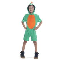 Fantasia Dinossauro Verde e Laranja Kigurumi Curto Infantil com Capuz